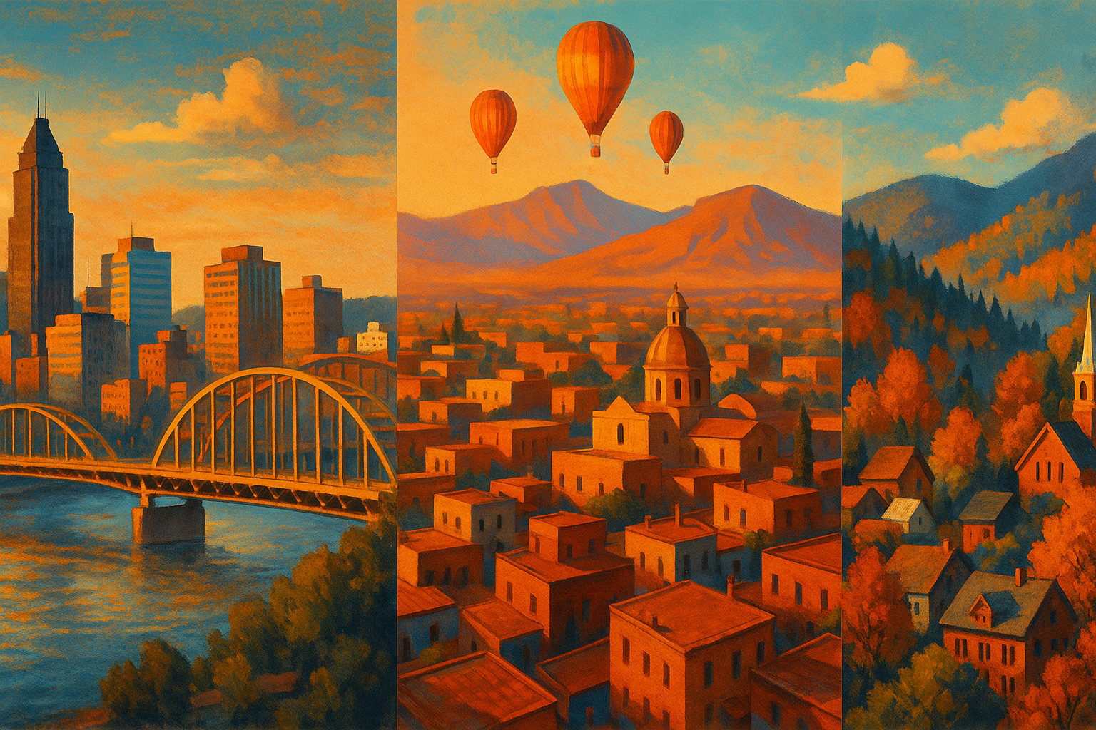 Collage of underrated American cities — Pittsburgh bridges, Albuquerque hot air balloons, and Asheville autumn foliage