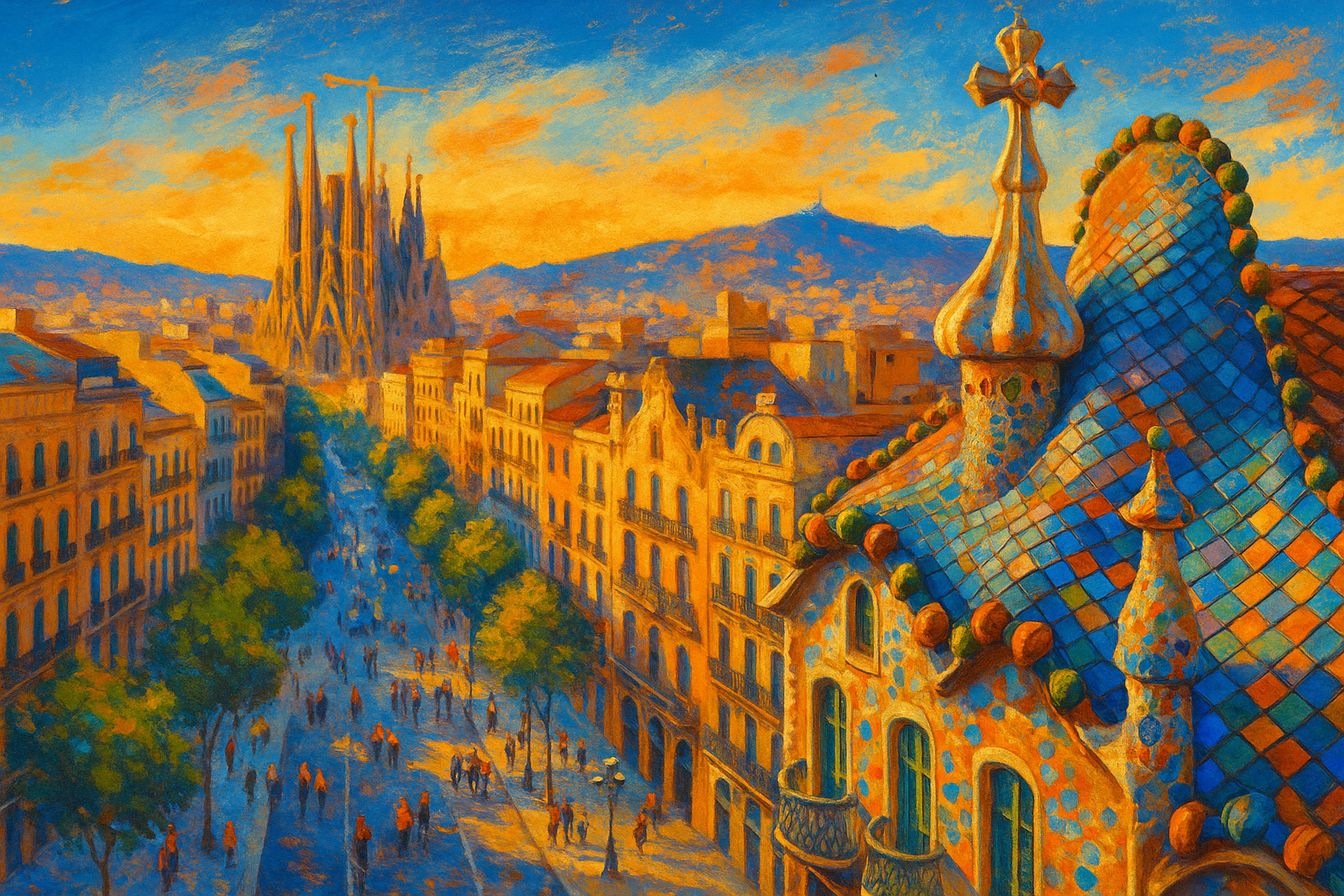 Vue panoramique de Barcelone avec Casa Batlló et la Sagrada Família au coucher du soleil