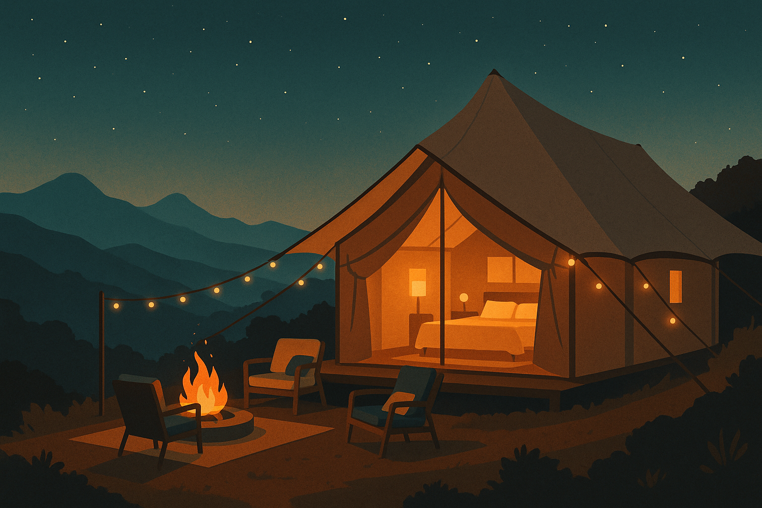 Luxury glamping tent glowing at dusk beneath a starry sky and mountains