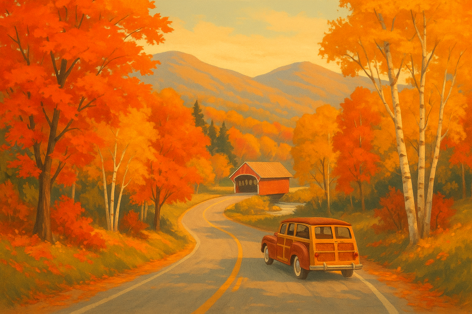 Illustrated winding road through New England fall foliage with a red covered bridge