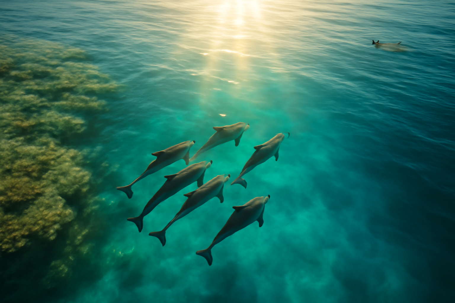 Dauphins sauvages nageant dans une eau turquoise cristalline