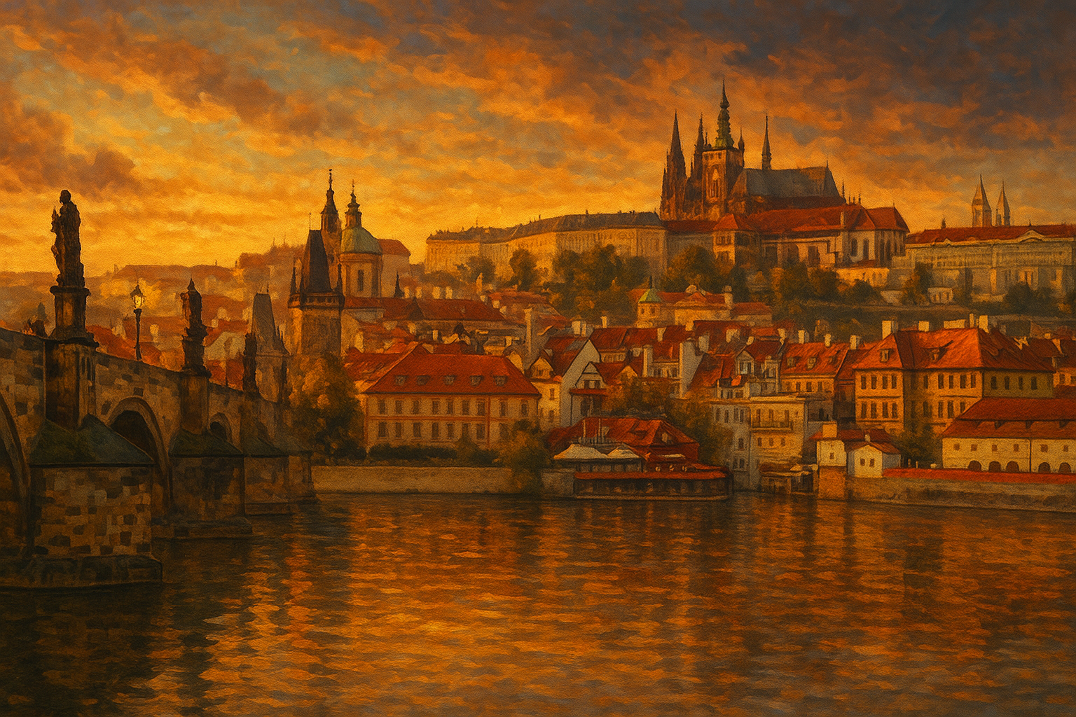Vue panoramique de Prague au coucher du soleil avec le Pont Charles et le Château de Prague