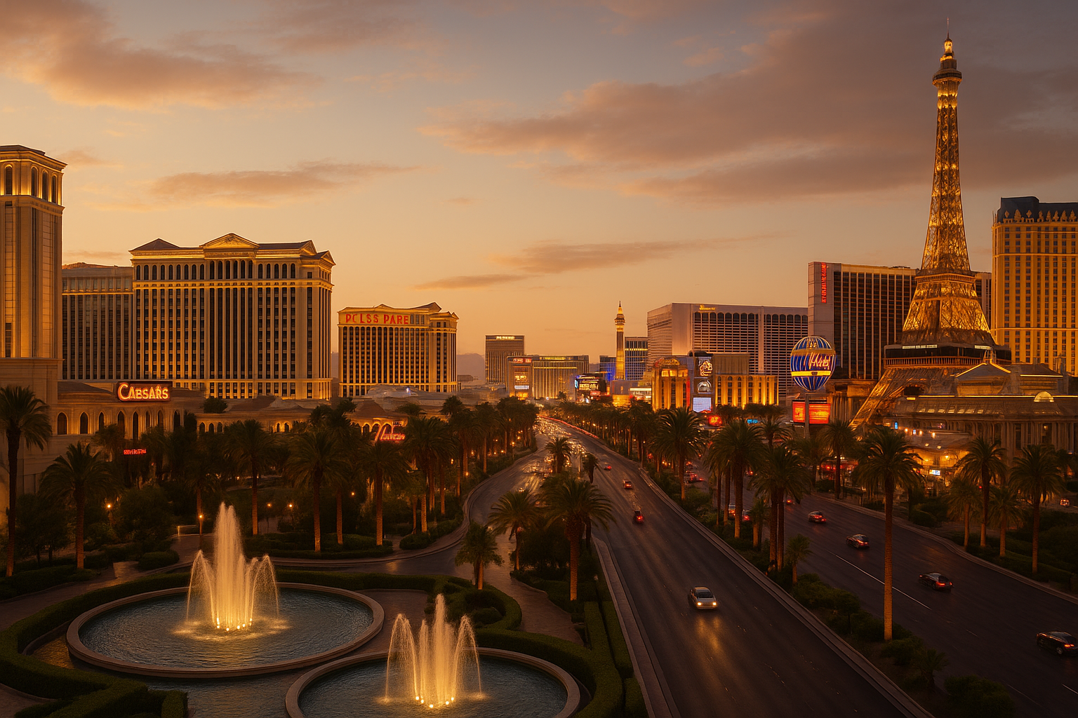 Las Vegas Strip at sunset with illuminated casino towers and palm trees