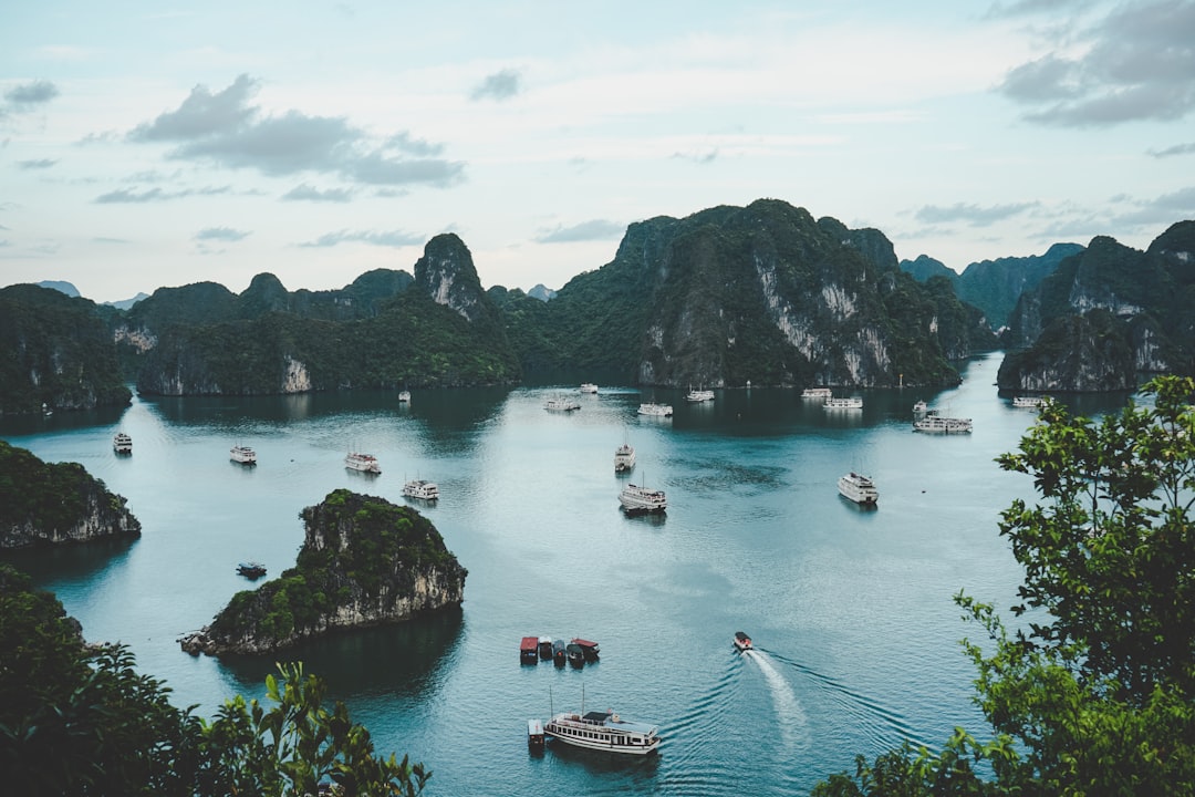 Baie d'Halong au Vietnam, avec ses pitons karstiques et ses jonques