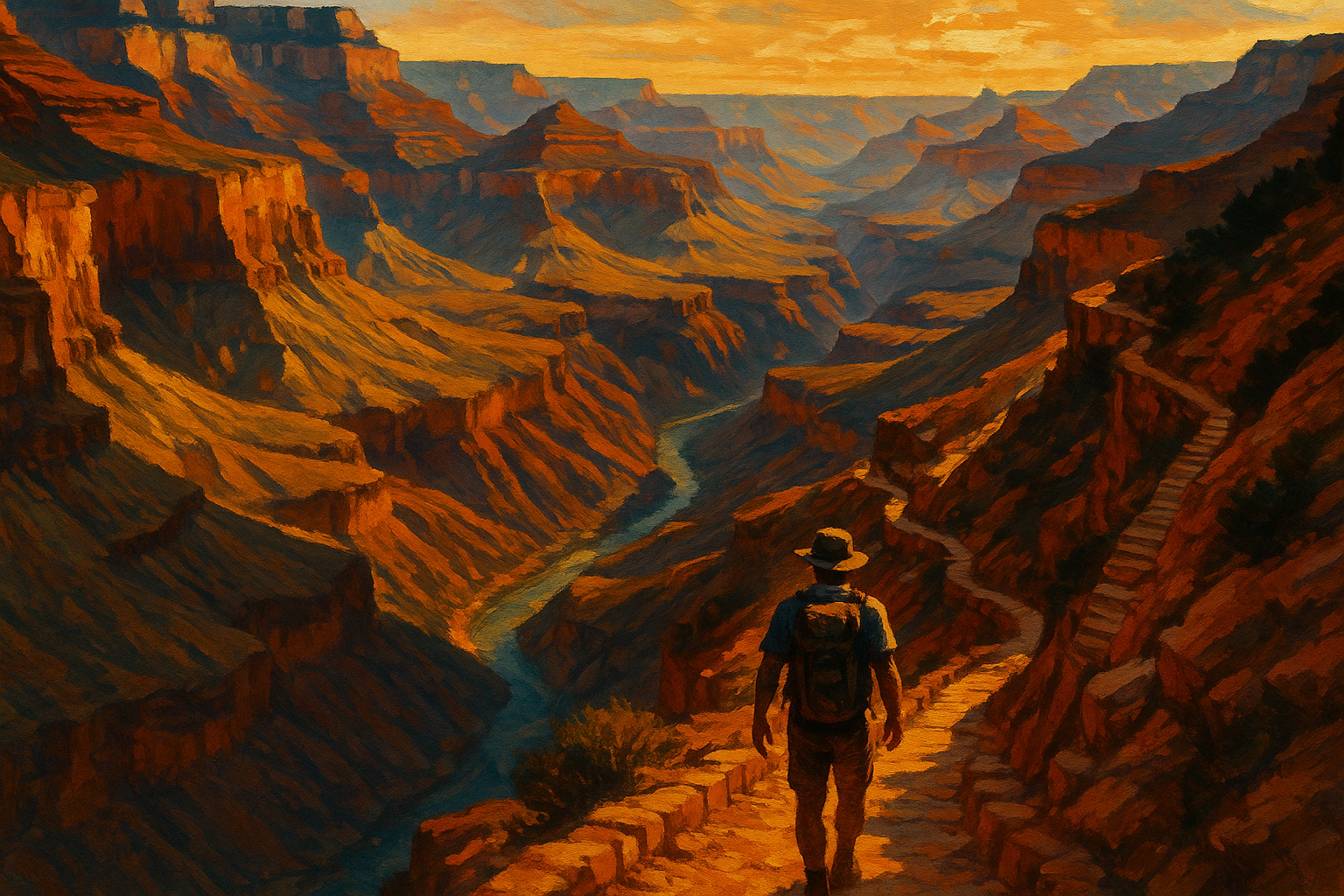 Hiker descending the Bright Angel Trail into the Grand Canyon at golden hour