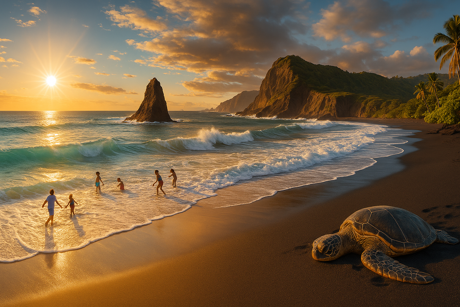 Composite panorama of the best beaches in the USA — white sand Gulf Coast, dramatic Pacific cliffs, and black sand Hawaii beach