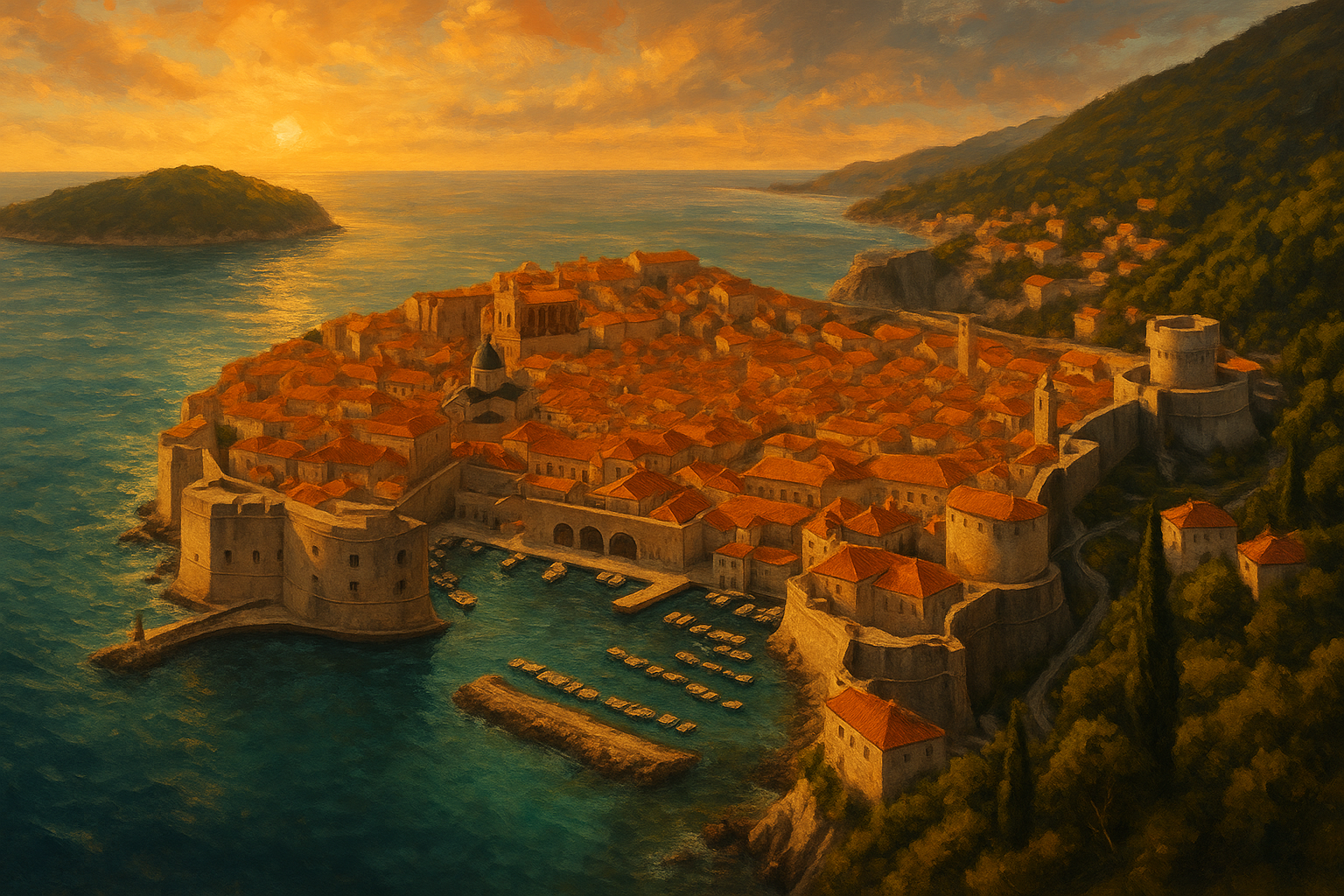 Vue panoramique des remparts et toits de Dubrovnik au coucher du soleil sur l'Adriatique
