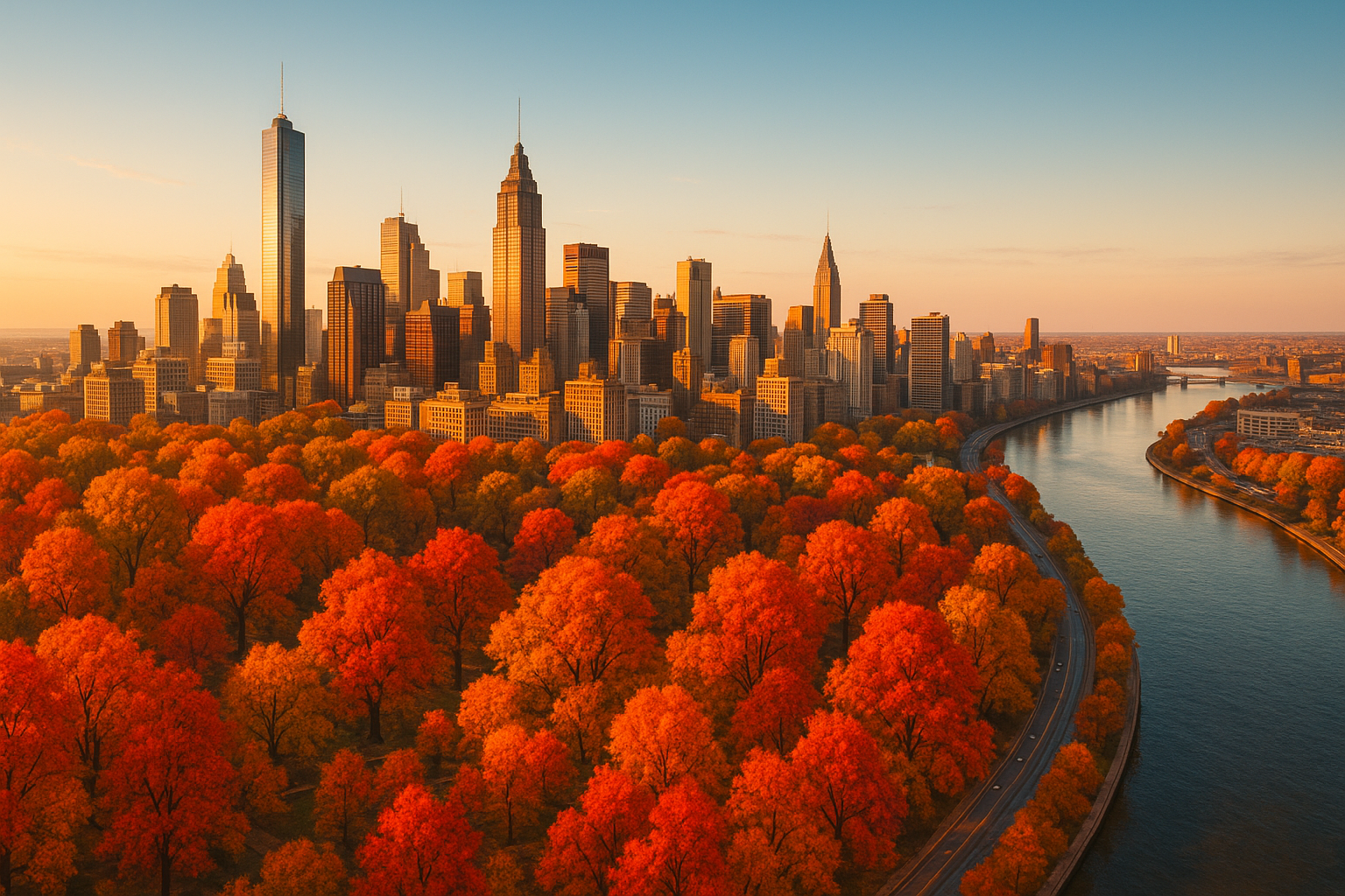 American city skyline surrounded by vibrant fall foliage in October