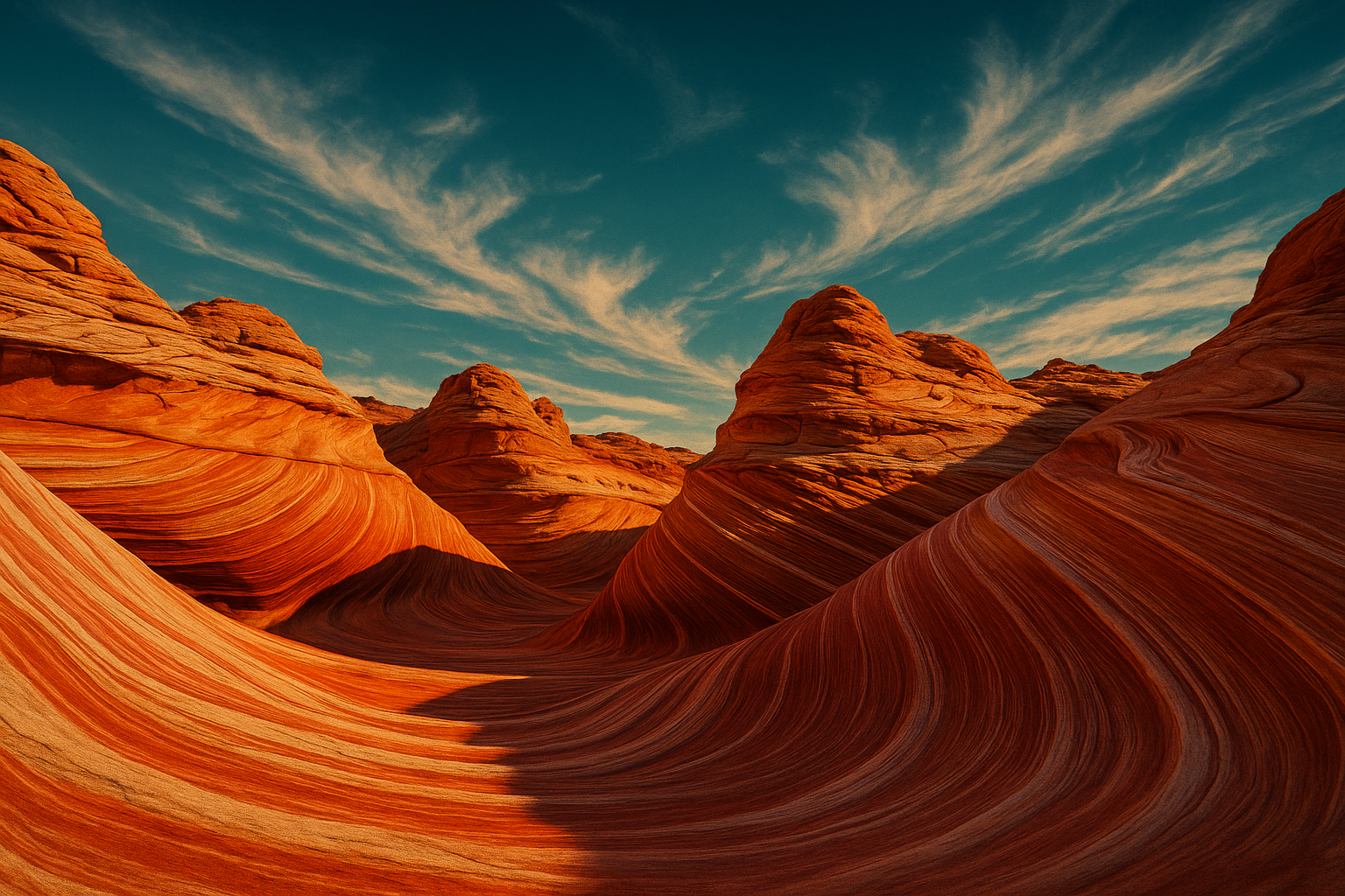 Swirling sandstone formations in a remote corner of the American Southwest desert at golden hour