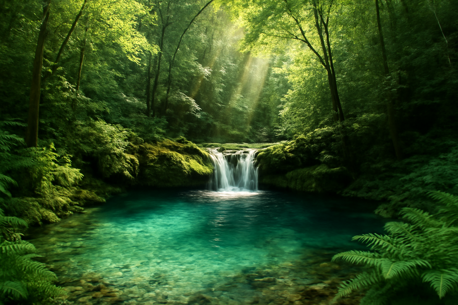 A turquoise natural swimming hole tucked into a forest with a small waterfall