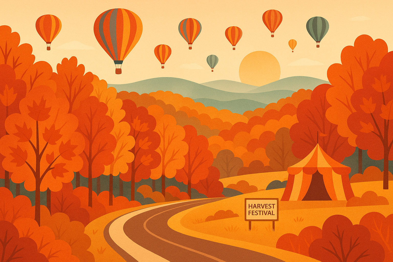 Autumn road winding through colorful fall foliage with hot air balloons rising in the distance