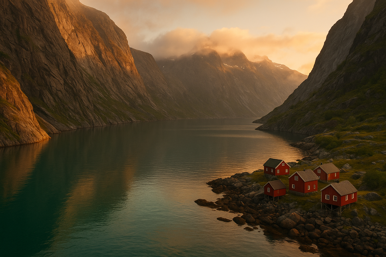 Fjord norvégien secret et désert au coucher du soleil