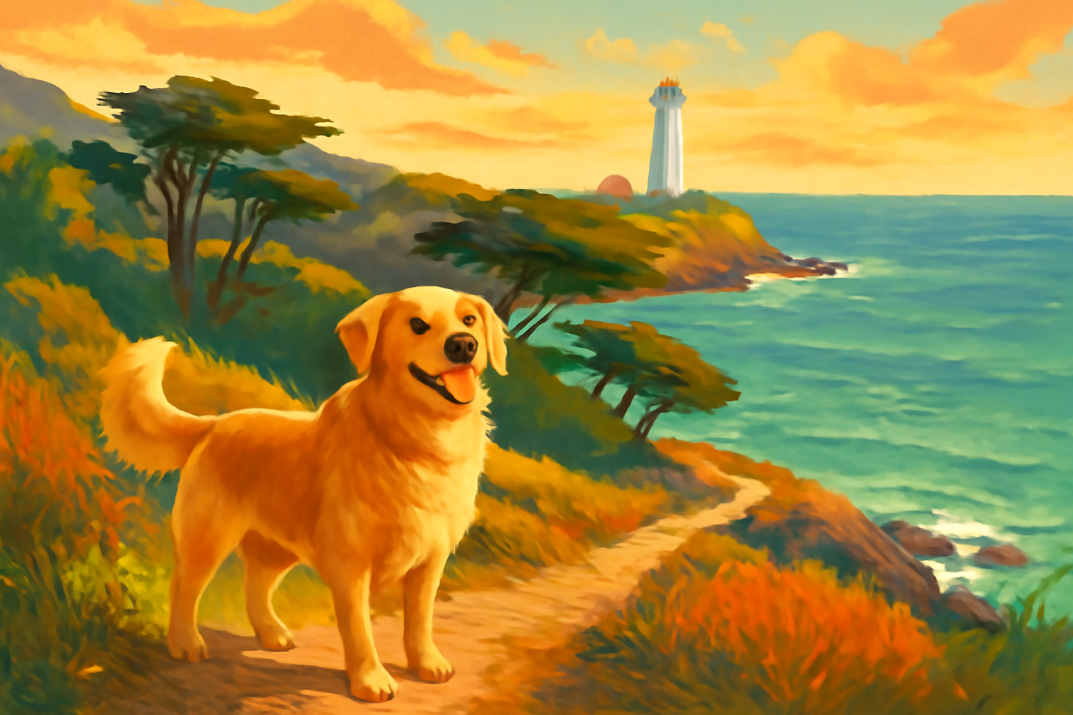 Illustration of a golden retriever on a coastal trail overlooking the ocean at sunset