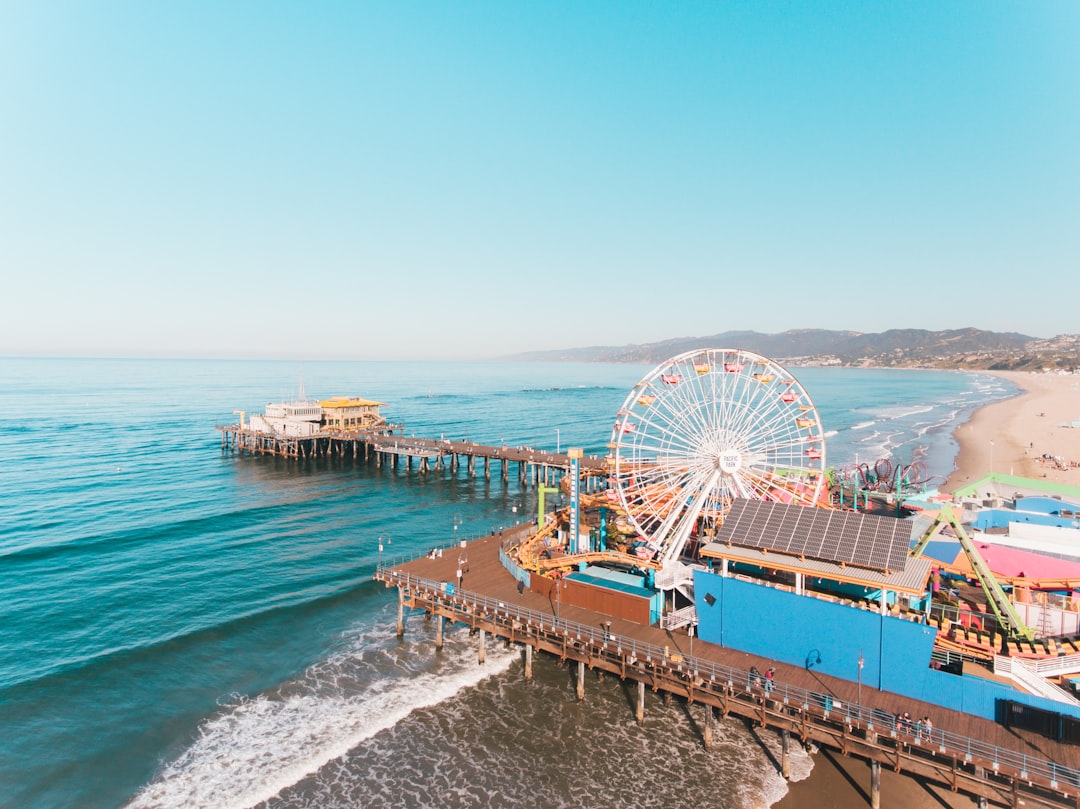 Santa Monica Pier with its iconic Ferris wheel over the Pacific Ocean