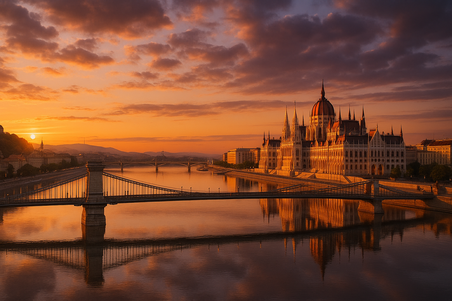 Vue panoramique de Budapest au coucher du soleil : le Parlement hongrois illuminé se reflétant dans le Danube avec le Pont des Chaînes en premier plan