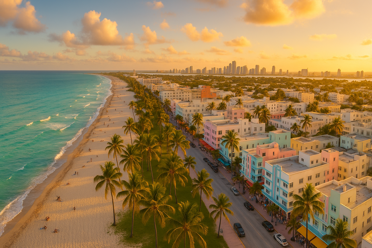 Aerial view of Miami South Beach with Art Deco buildings, turquoise ocean, and city skyline at golden hour