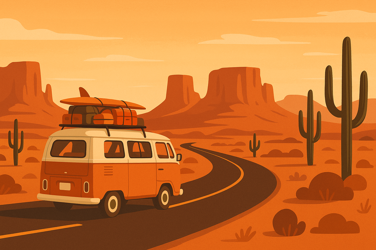 Illustration of a campervan driving through a desert landscape at sunset