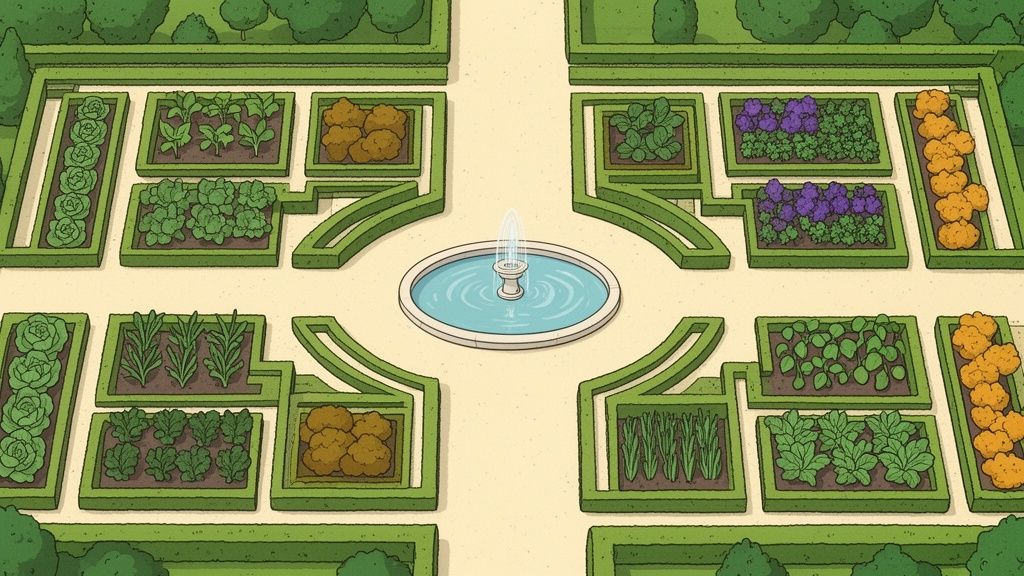 Vue aérienne d'un jardin formel avec une fontaine centrale et des parterres de légumes variés et de fleurs.