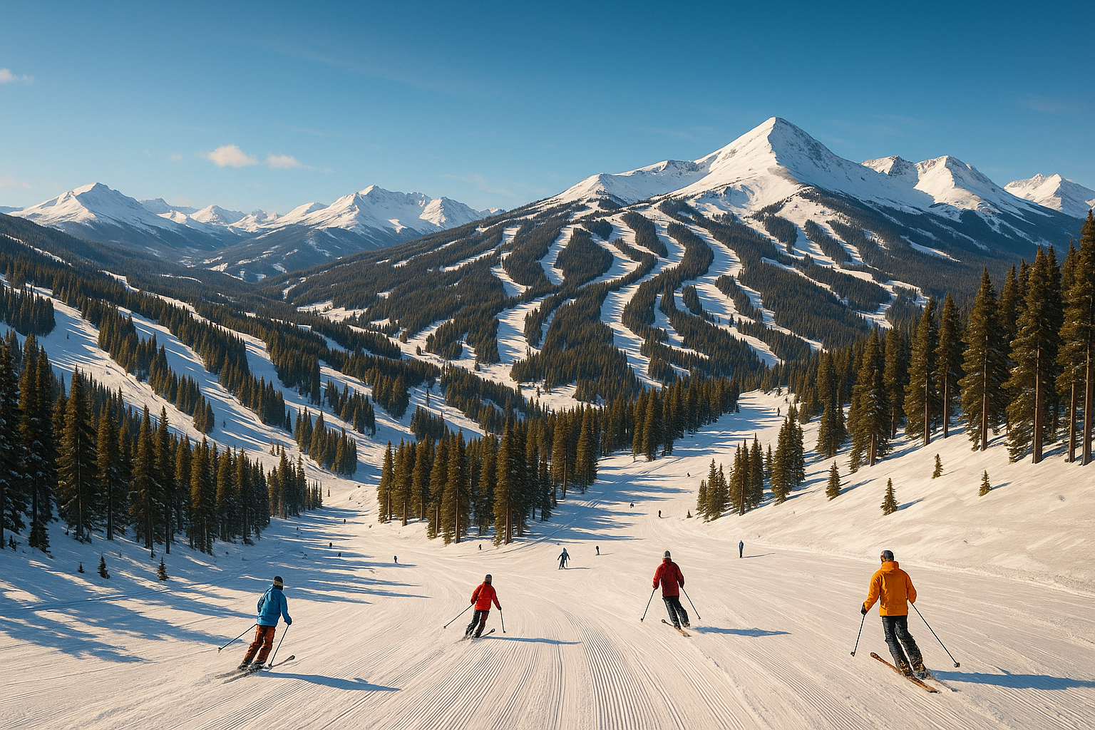 Vue panoramique d'une station de ski américaine dans les Rocheuses avec des pistes damées serpentant à travers les forêts de pins