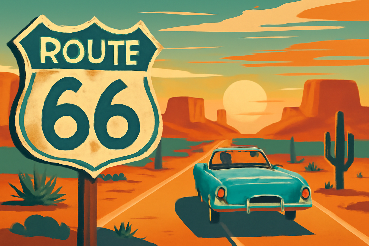 Retro illustration of a classic car driving down Route 66 at sunset