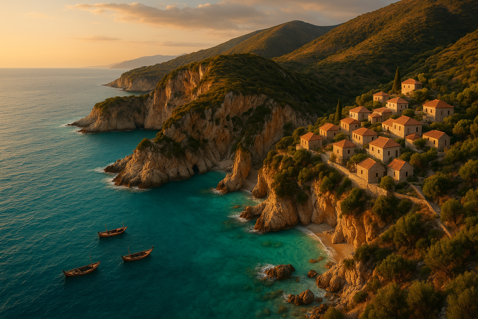 La riviera albanaise au coucher du soleil, avec ses falaises calcaires et ses eaux turquoise
