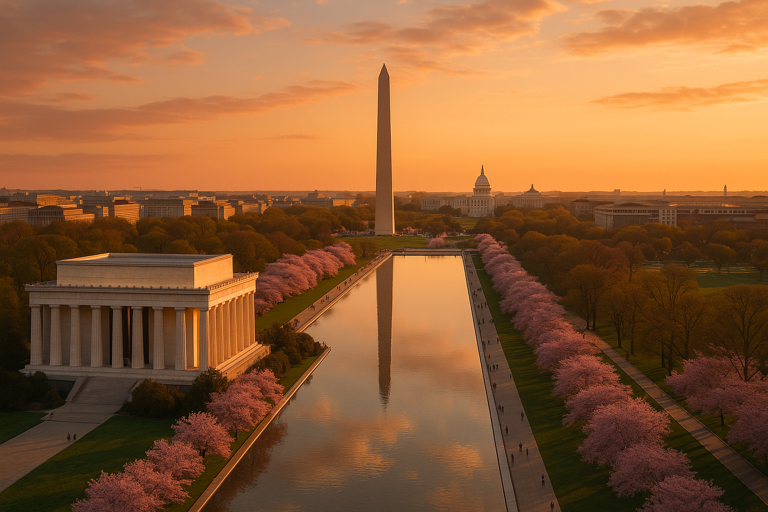Washington DC National Mall aerial view at golden hour with Washington Monument and Capitol