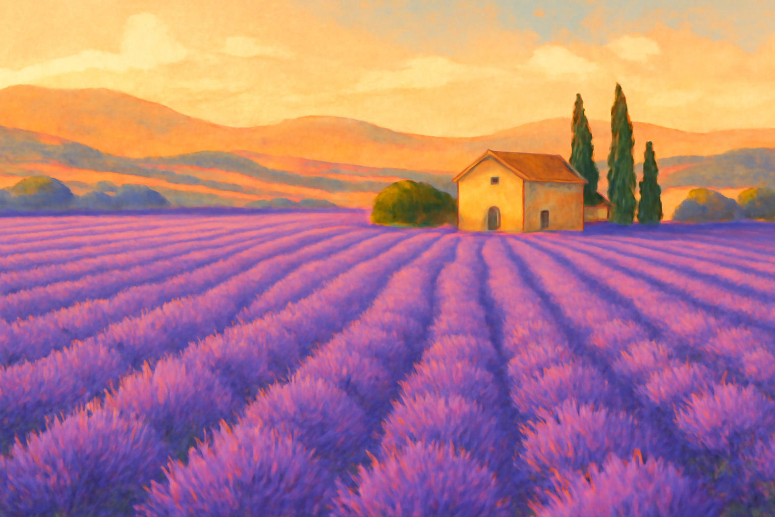 Champs de lavande en Provence au coucher du soleil