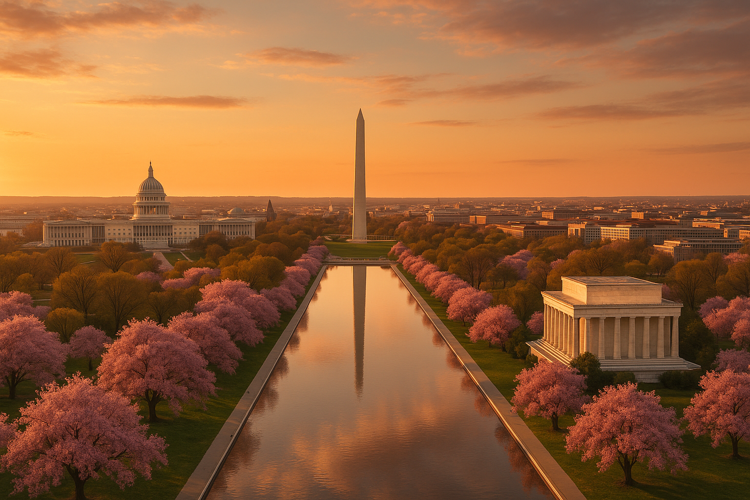 Washington DC skyline at golden hour with the National Mall, Washington Monument and Capitol Building