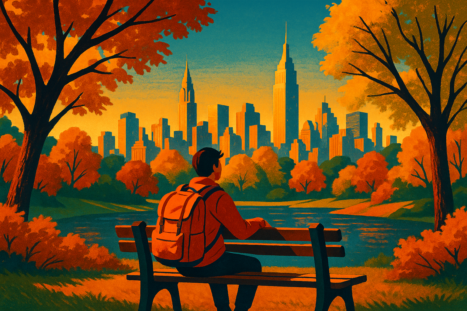 Budget traveler enjoying Central Park with the Manhattan skyline in the background