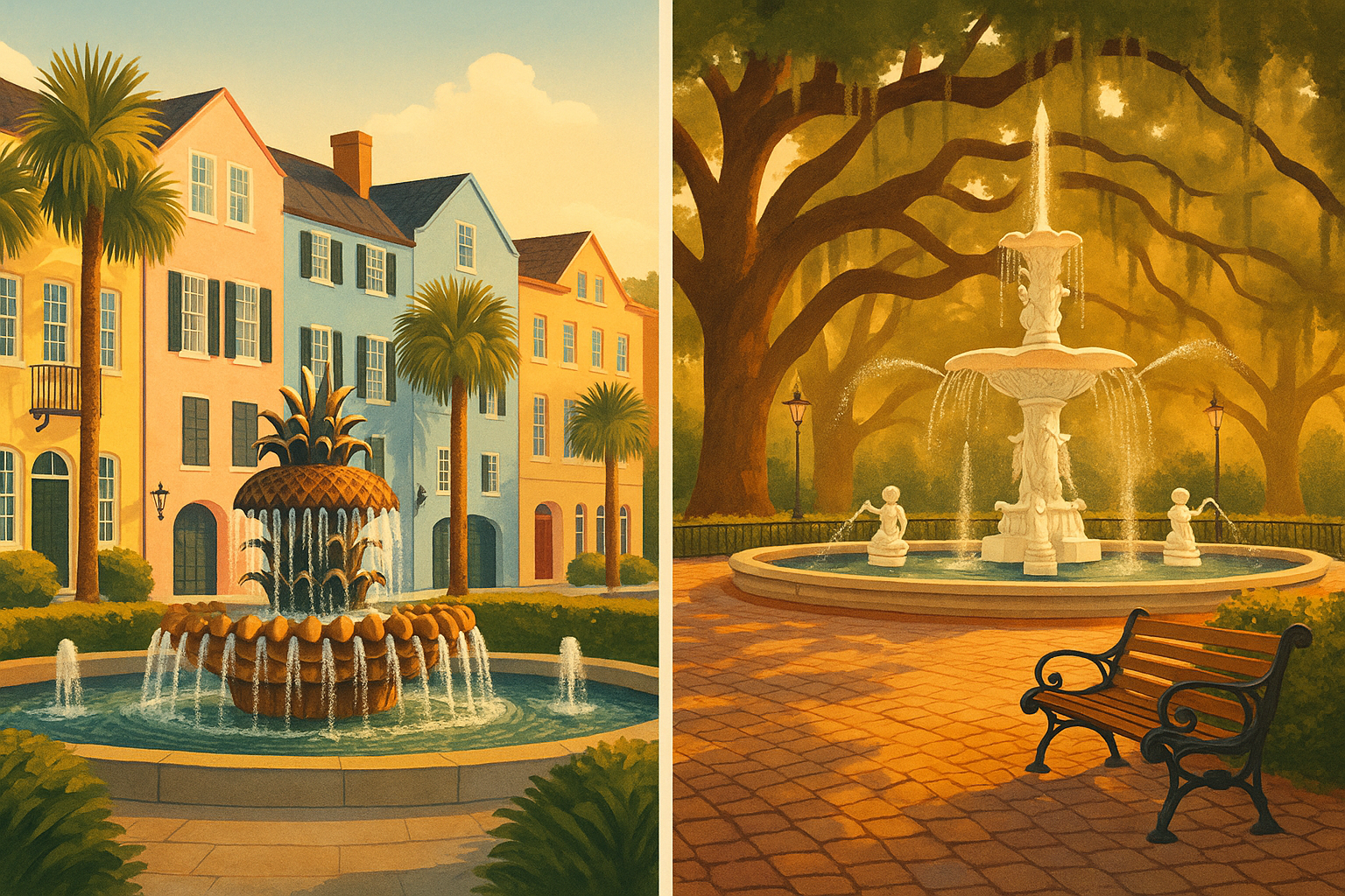 Charleston vs Savannah comparison illustration showing Rainbow Row and Forsyth Park
