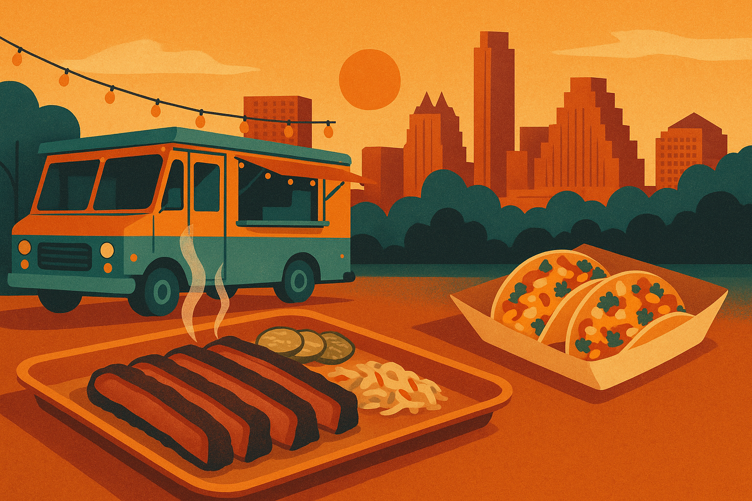 Illustration of Austin's food scene: barbecue brisket, breakfast tacos and a food truck at sunset