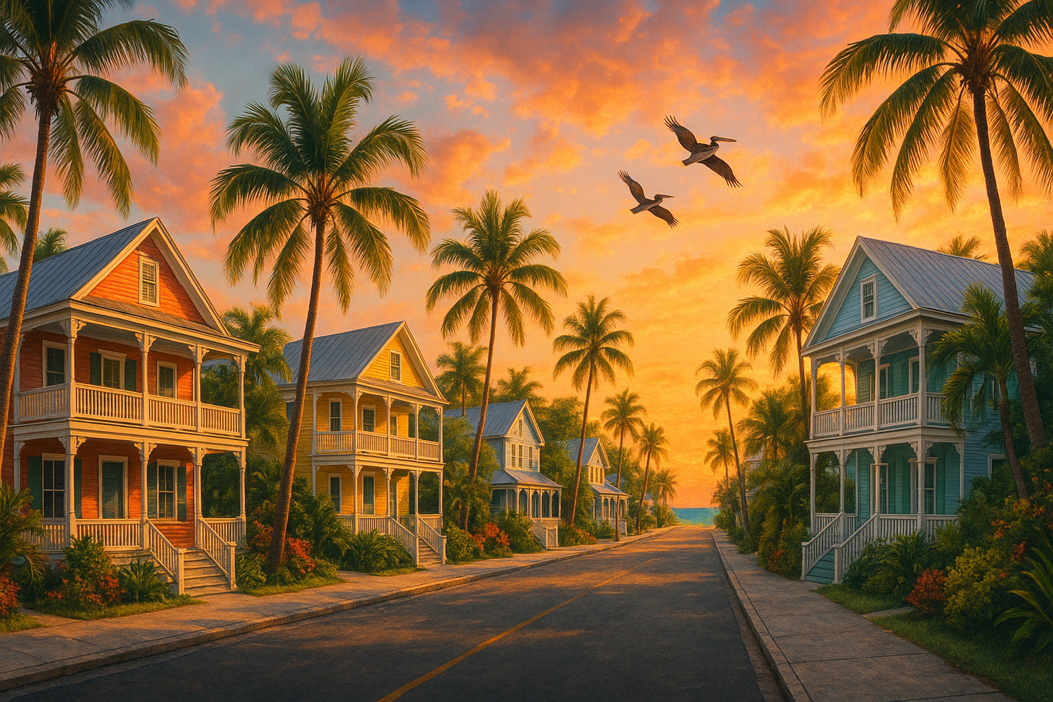 Key West Florida at golden hour — colorful Conch houses, palm trees, and turquoise ocean at sunset