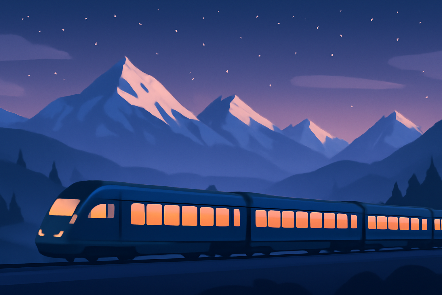 Train de nuit européen traversant les Alpes au crépuscule