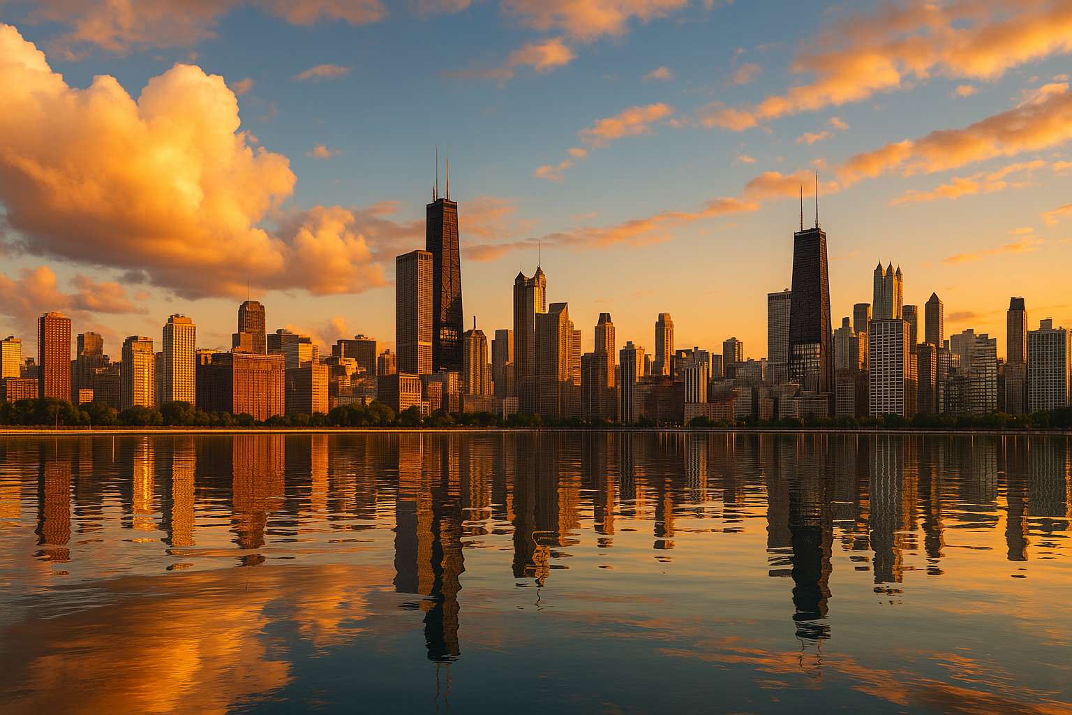 Chicago skyline at golden hour with Lake Michigan in the foreground